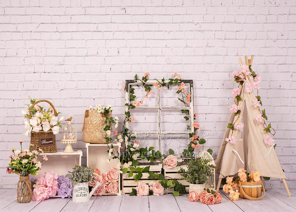 Avezano Spring White Brick Wall Floral Window Photography Backdrop-Backdrop-Avezano-02-5x3ft/1.5x1m-AVEZANO